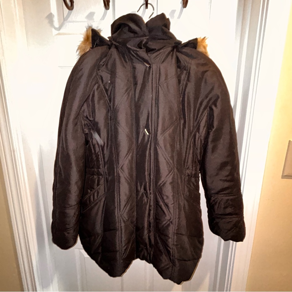 Anne Klein Women’s Faux Fur Trim Hooded Jacket Black Zip & Snap Front Size Large